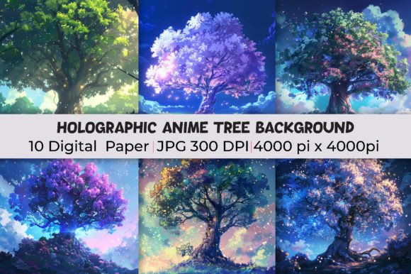 Transform Your Designs with Holographic Anime Tree Backgrounds